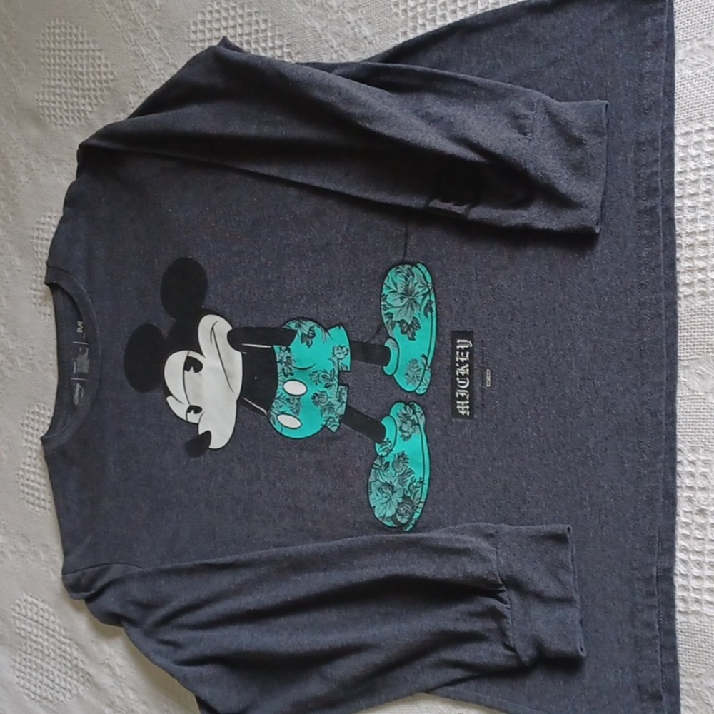 Disney Women's Long Sleeve Mickey Mouse Graphic Tee - Charcoal with Teal Accents